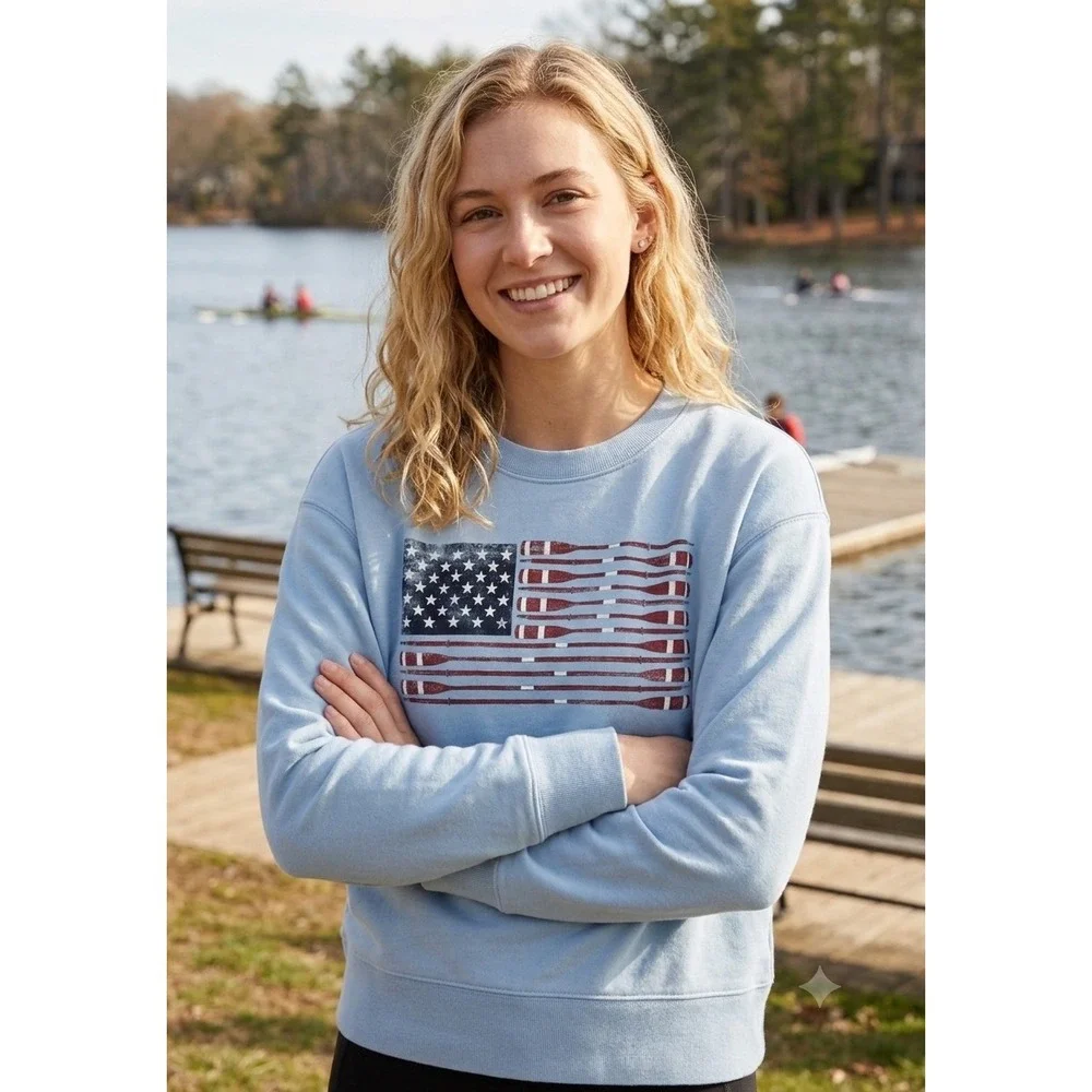 J.Crew oversized Light Blue Oar American Flag Graphic Sweatshirt CJ084 NWT XS